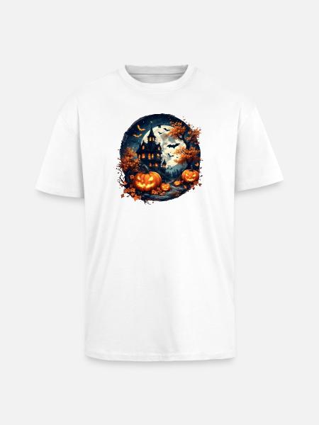Halloween - Haunted House & Pumpkins - Unisex Oversized Heavyweight T-shirt - white