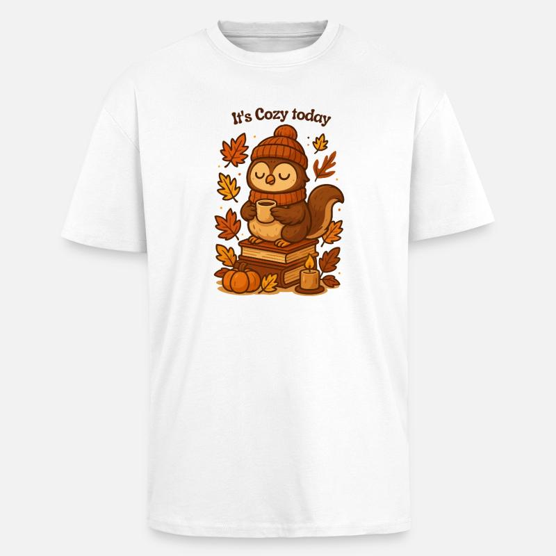 Gemütliche Herbst-Eule mit Tee Mütze  - Oversized Heavyweight Unisex T-Shirt - Weiß