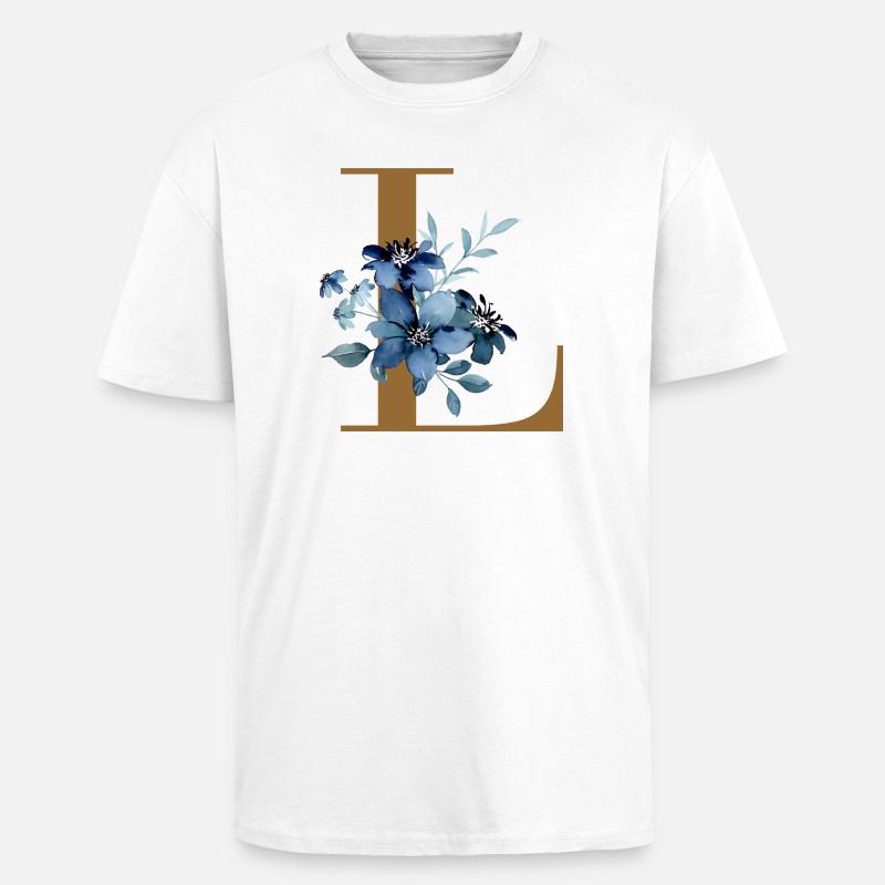 Blaues Blumen Monogramm Design Buchstabe L - Oversized Heavyweight Unisex T-Shirt - Weiß