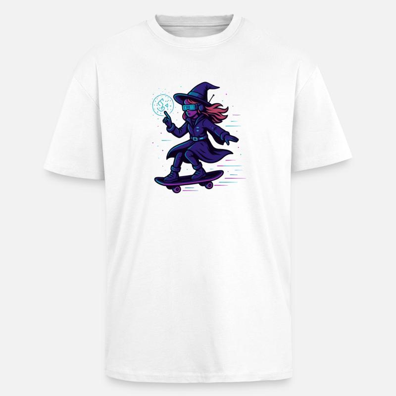 Neon witch sur le skateboard - T-shirt unisexe oversize épais - blanc
