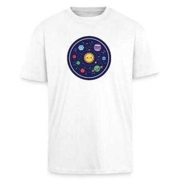 Fröhliches Sonnensystem Design - Oversized Heavyweight Unisex T-Shirt - Weiß - Vorne - Alina (178cm) & Michal (187cm)