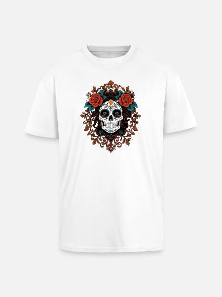 Floral Sugar Skull Embellished illustration - Unisex Oversized Heavyweight T-shirt - white