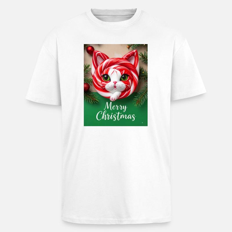 Chat de Noël Candy Cane Look - T-shirt unisexe oversize épais - blanc