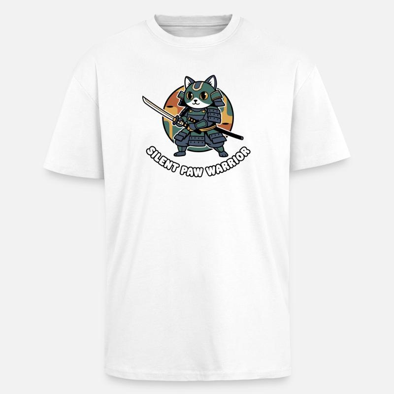 Silent Paws Samurai Warrior Cat - Unisex Oversized Heavyweight T-shirt - white