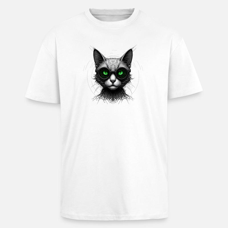 Green Eyes Computer Coder Geek Cat - Unisex Oversized Heavyweight T-shirt - white