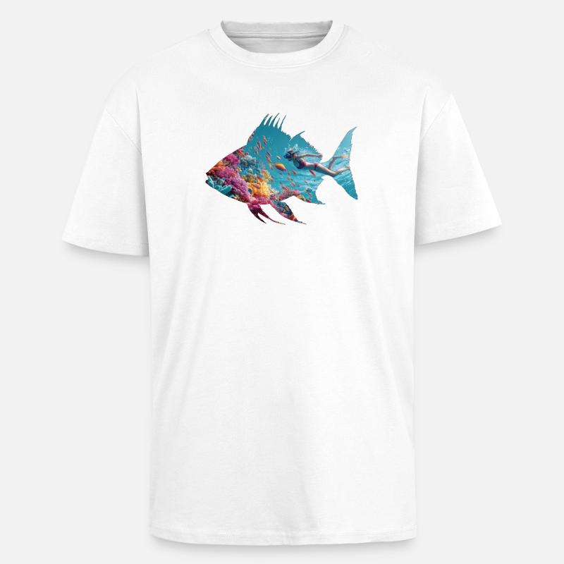 Silhouette de poisson sous-marin avec plongeur - T-shirt unisexe oversize épais - blanc