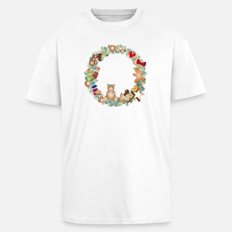 Bunter Weihnachtskranz mit Spielzeug und Lebkuchen - Oversized Heavyweight Unisex T-Shirt - Weiß
