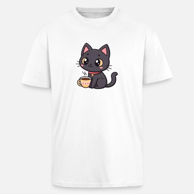 Warme schwarze Katze mit Tee - Oversized Heavyweight Unisex T-Shirt - Weiß