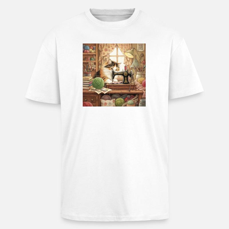 Cat Studio Sewing Machine Cuddling - Unisex Oversized Heavyweight T-shirt - white