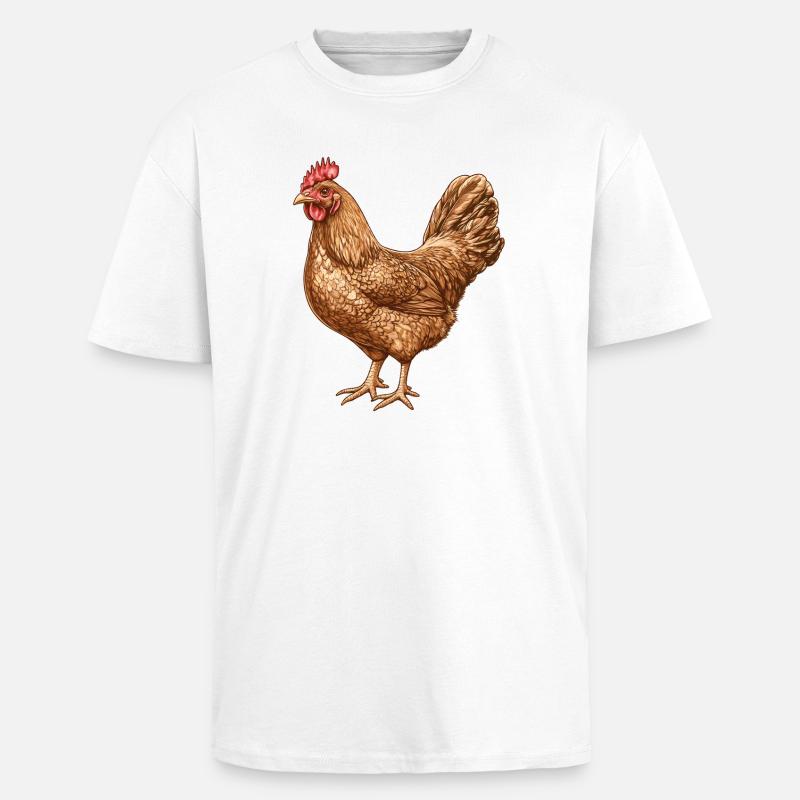 Chicken Illustration in Warm Feather Pattern - Unisex Oversized Heavyweight T-shirt - white