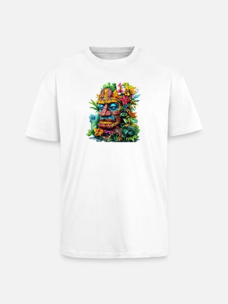 Tropischer Blumen-Tiki Maskenprint - Oversized Heavyweight Unisex T-Shirt - Weiß