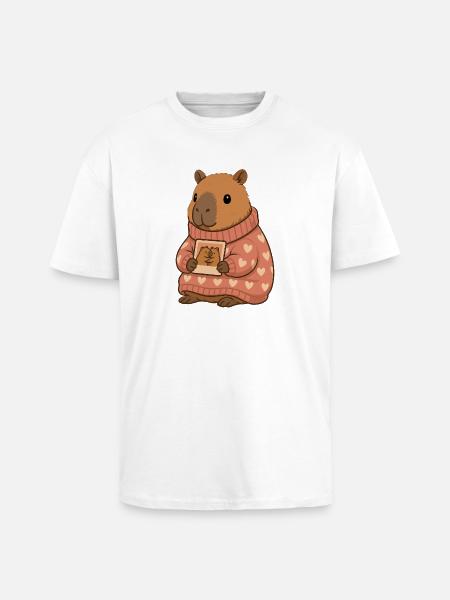 Capybara in a heart sweater with photo – Cozy Motif - Unisex Oversized Heavyweight T-shirt - white