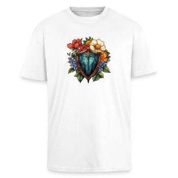 Blumenshield Heraldik - Oversized Heavyweight Unisex T-Shirt - Weiß - Vorne - Alina (178cm) & Michal (187cm)