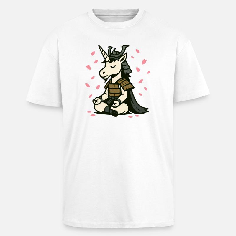 Meditierendes Samurai-Einhorn mit Kirschblüten - Oversized Heavyweight Unisex T-Shirt - Weiß