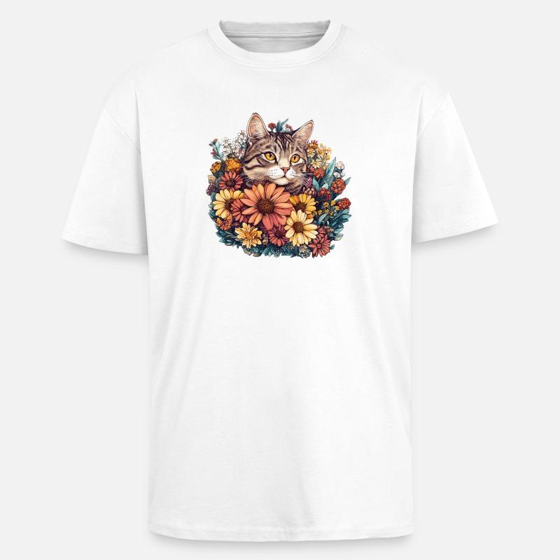 Chat dans une couronne de fleurs - T-shirt unisexe oversize épais - blanc