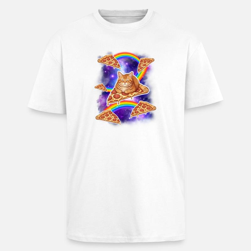 Chat chevauchant une pizza dans l’espace Mème drôle de pizza - T-shirt unisexe oversize épais - blanc