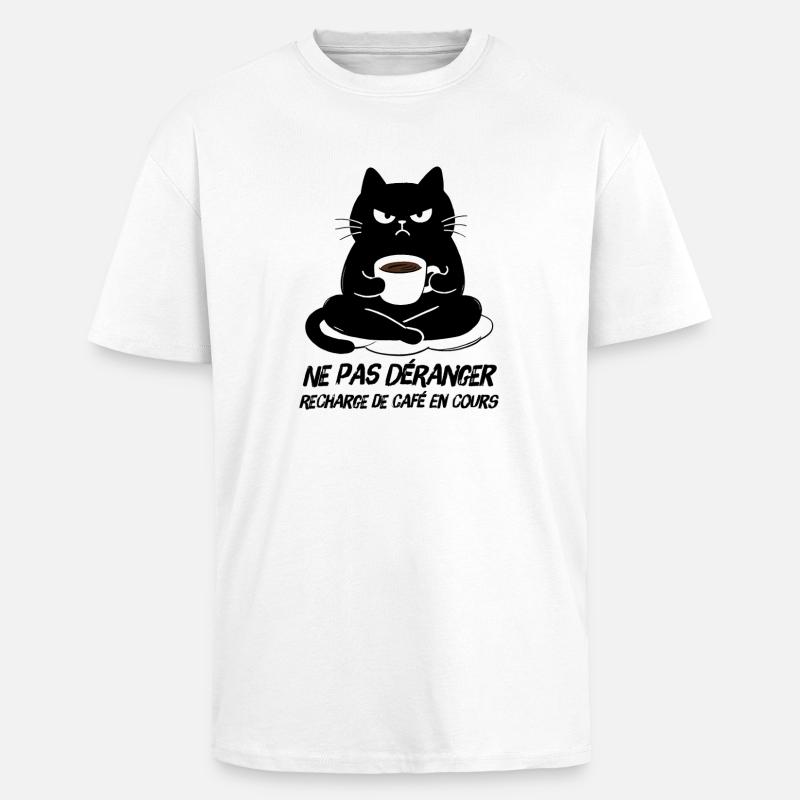 Black Cat Coffee Refill in Progress - Unisex Oversized Heavyweight T-shirt - white