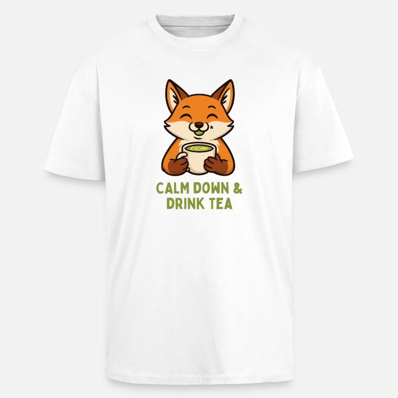 Fox relaxing drinking tea - Unisex Oversized Heavyweight T-shirt - white