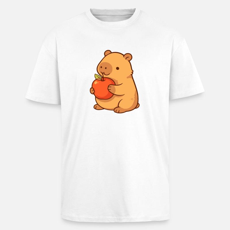 Capybara-illustrasjon med eple - Tykk Oversized T-skjorte - hvit