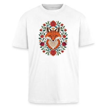 Fuchs im Blütenkranz Farbexplosion - Oversized Heavyweight Unisex T-Shirt - Weiß - Vorne - Alina (178cm) & Michal (187cm)