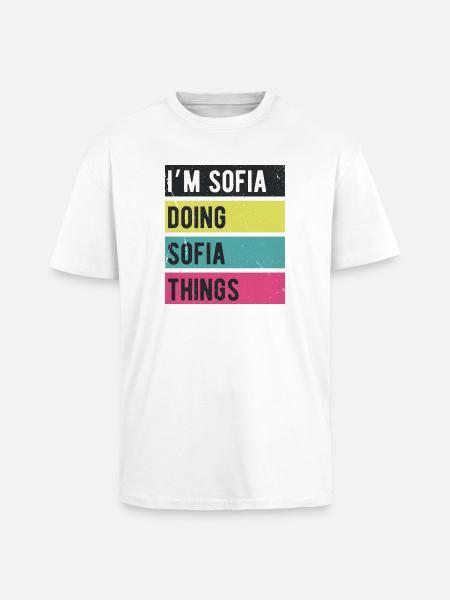 Jeg er Sofia som gjør Sofia-ting i retrofarger - Unisex oversized t-skjorte i kraftig kvalitet - hvit