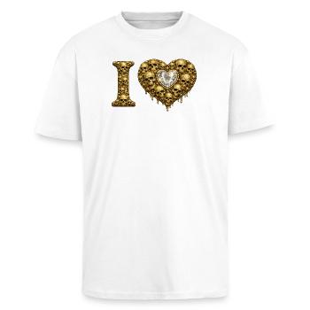 I LOVE | Goldene Schädel Herz – Totenkopf-Liebe - Oversized Heavyweight Unisex T-Shirt - Weiß - Vorne - Alina (178cm) & Michal (187cm)