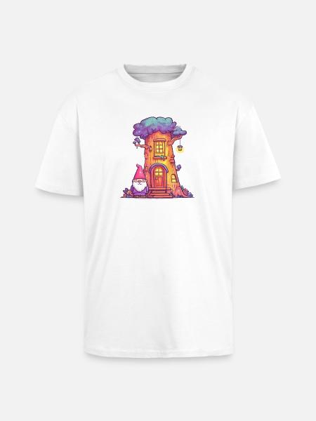 Funny Treehouse Gnome with Lantern - Unisex Oversized Heavyweight T-shirt - white