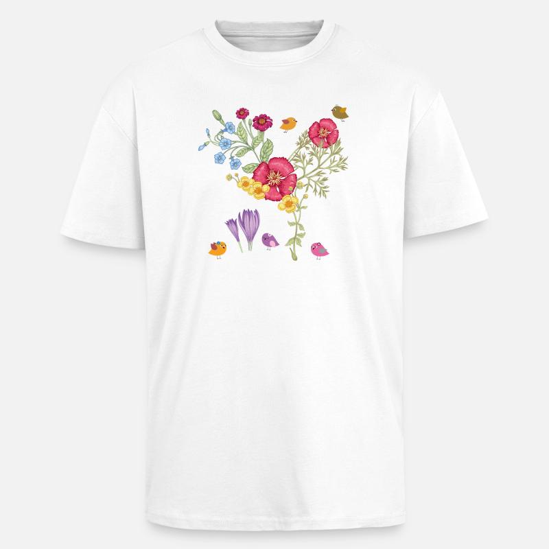 Bouquet de fleurs avec des oiseaux - T-shirt unisexe oversize épais - blanc