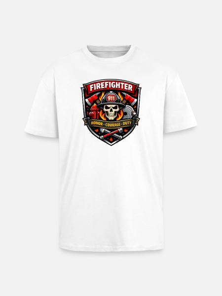 Firefighter Badge Skull Flames - Unisex Oversized Heavyweight T-shirt - white