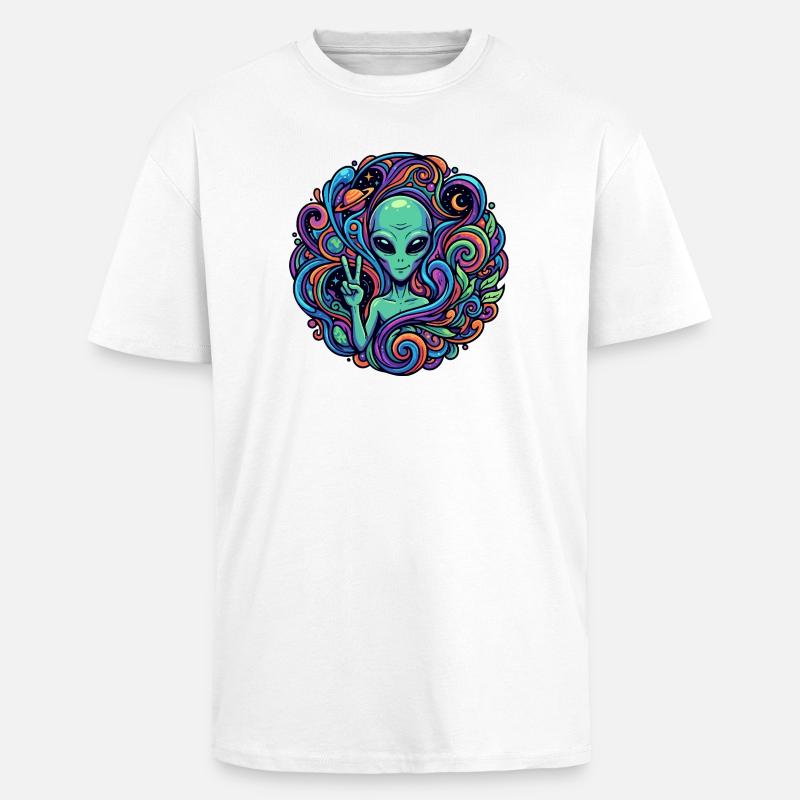 Außerirdischer Peace Zeichen psychedelisch Alien - Oversized Heavyweight Unisex T-Shirt - Weiß