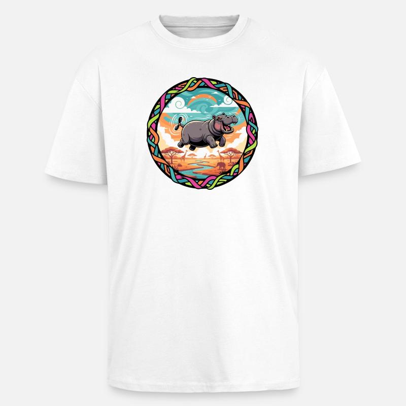 Witziger Hippo fliegendes Nilpferd bunt Savanne  - Oversized Heavyweight Unisex T-Shirt - Weiß