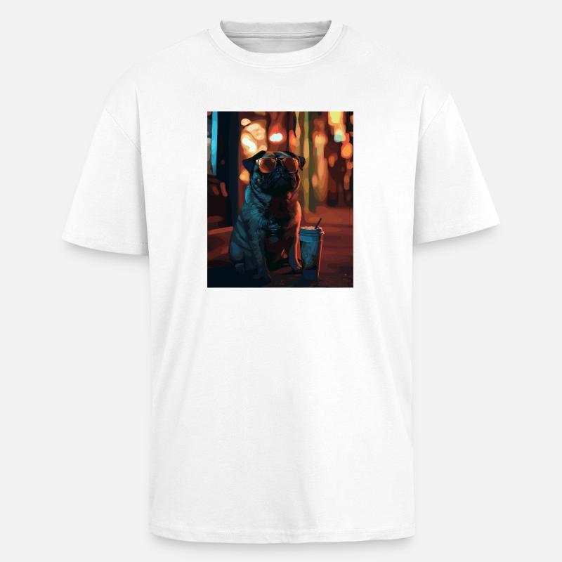 Mops mit Sonnenbrille und Eiskaffee - Oversized Heavyweight Unisex T-Shirt - Weiß