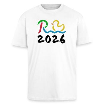 Rente 2026 - Ruhestand - Pension - Oversized Heavyweight Unisex T-Shirt - Weiß - Vorne - Alina (178cm) & Michal (187cm)