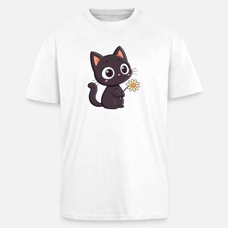 Schwarze Katze und Gänseblümchen - Oversized Heavyweight Unisex T-Shirt - Weiß