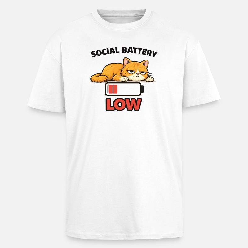 Low Battery Cat Graphic Tee - Unisex Oversized Heavyweight T-shirt - white