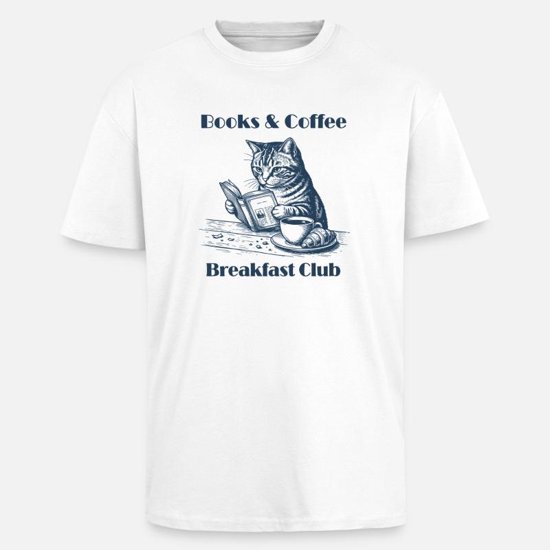 Books & Coffee Cat – Cozy Reader Design - T-shirt unisexe oversize épais - blanc