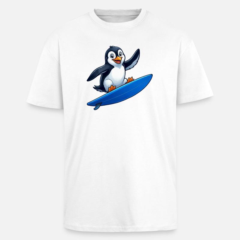 Mignon Pingouin Surfeur Surfant Eau d’Été - T-shirt unisexe oversize épais - blanc