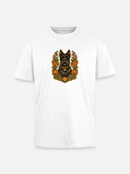 Floral Frame Scottish Terrier - Unisex Oversized Heavyweight T-shirt - white