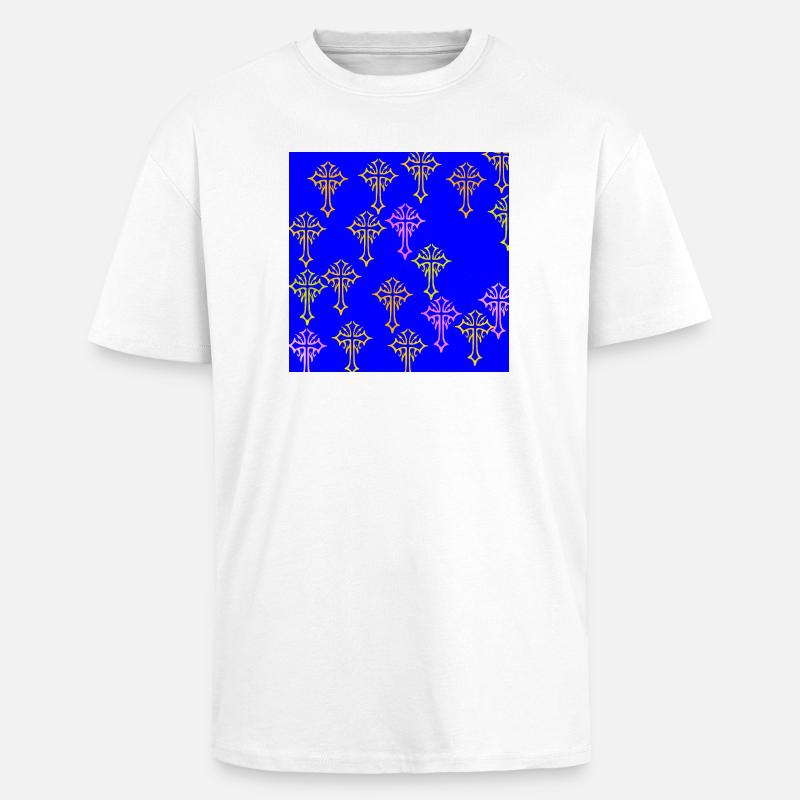 Neon Cross Pattern on Cobalt Blue - Unisex Oversized Heavyweight T-shirt - white