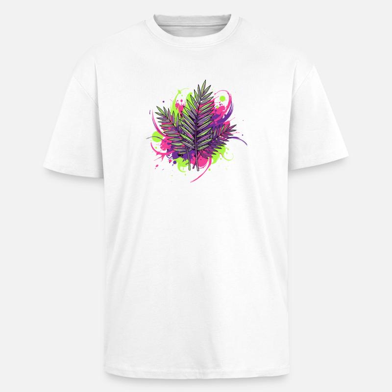 Feuille tropicale néon avec des éclaboussures de peinture - T-shirt unisexe oversize épais - blanc