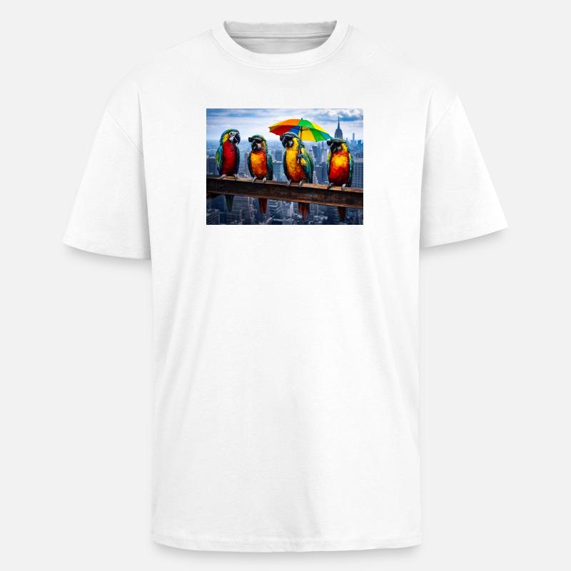 Parade de perroquets avec parapluie arc-en-ciel - T-shirt unisexe oversize épais - blanc