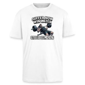 "SUFFER NOW WIN LATER"-Design Fitnessprint - Oversized Heavyweight Unisex T-Shirt - Weiß - Vorne - Alina (178cm) & Michal (187cm)