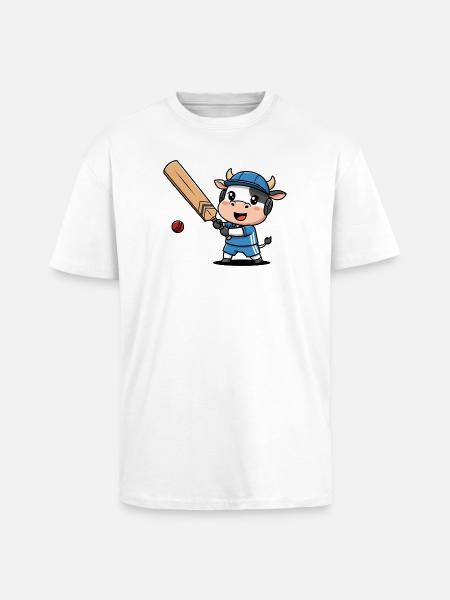 Cute Cricket Cow Cartoon Player Kid - Unisex Oversized Heavyweight T-shirt - white