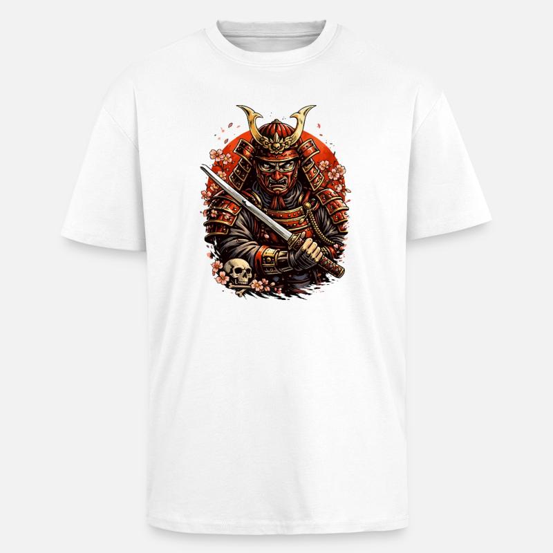 Samurai mit Kirschblüten und Schädel - Oversized Heavyweight Unisex T-Shirt - Weiß