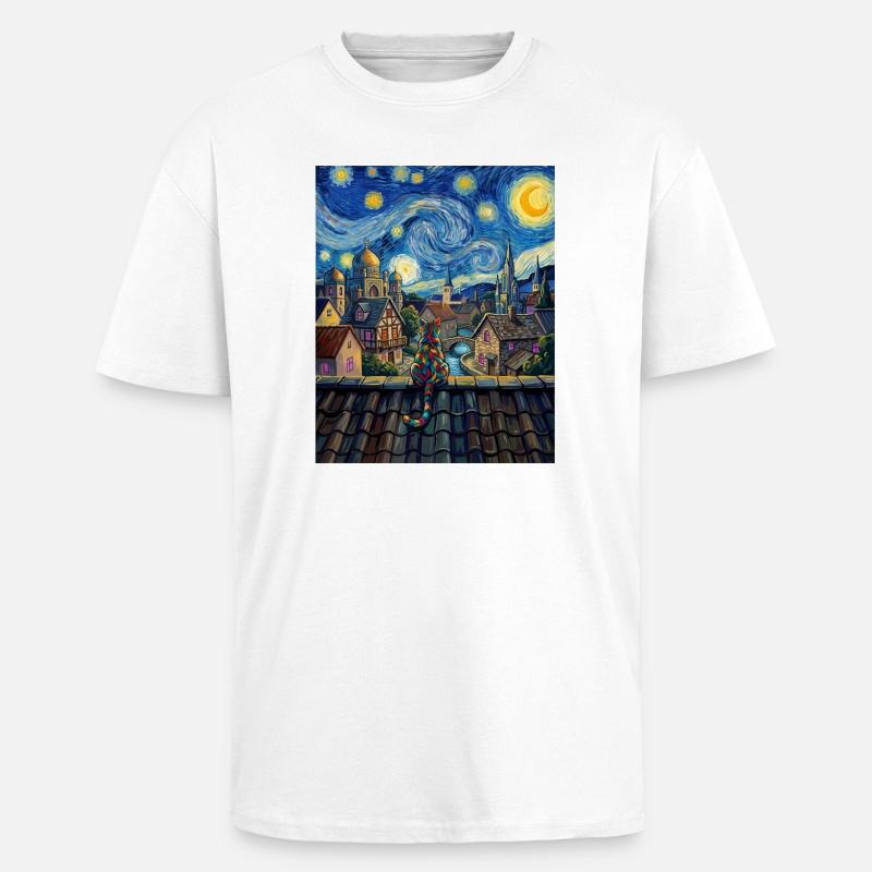 Regenbogenkatze Sternennacht Van Gogh Kunst - Oversized Heavyweight Unisex T-Shirt - Weiß
