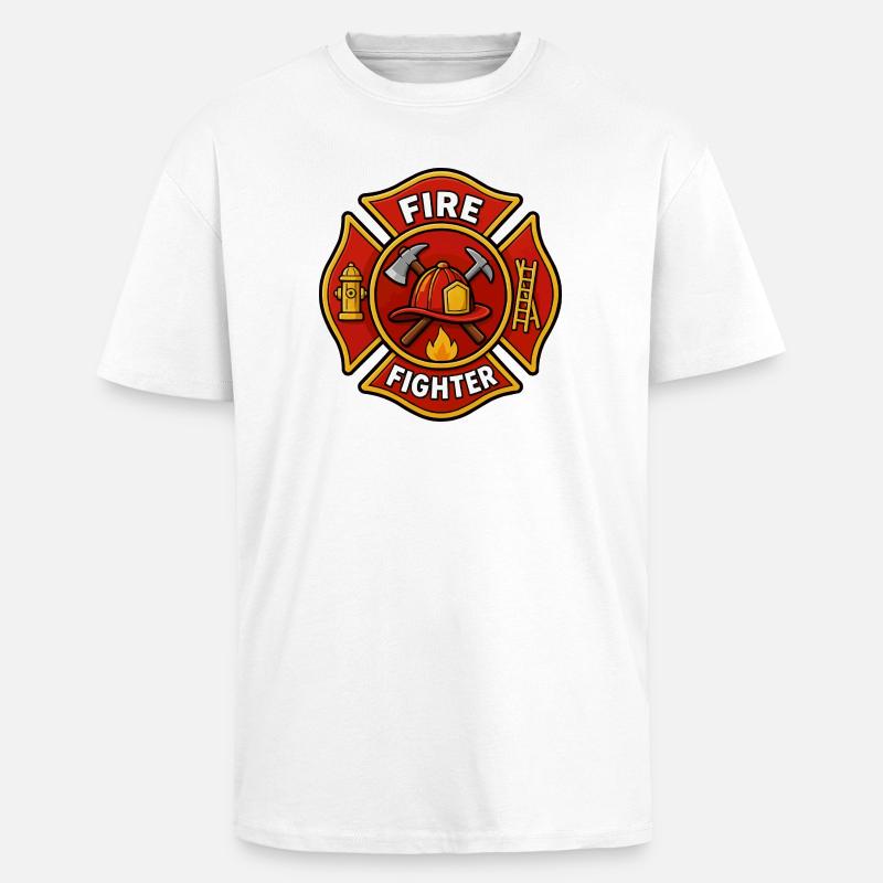 Firefighter Helmet Emblem with Axe - Unisex Oversized Heavyweight T-shirt - white