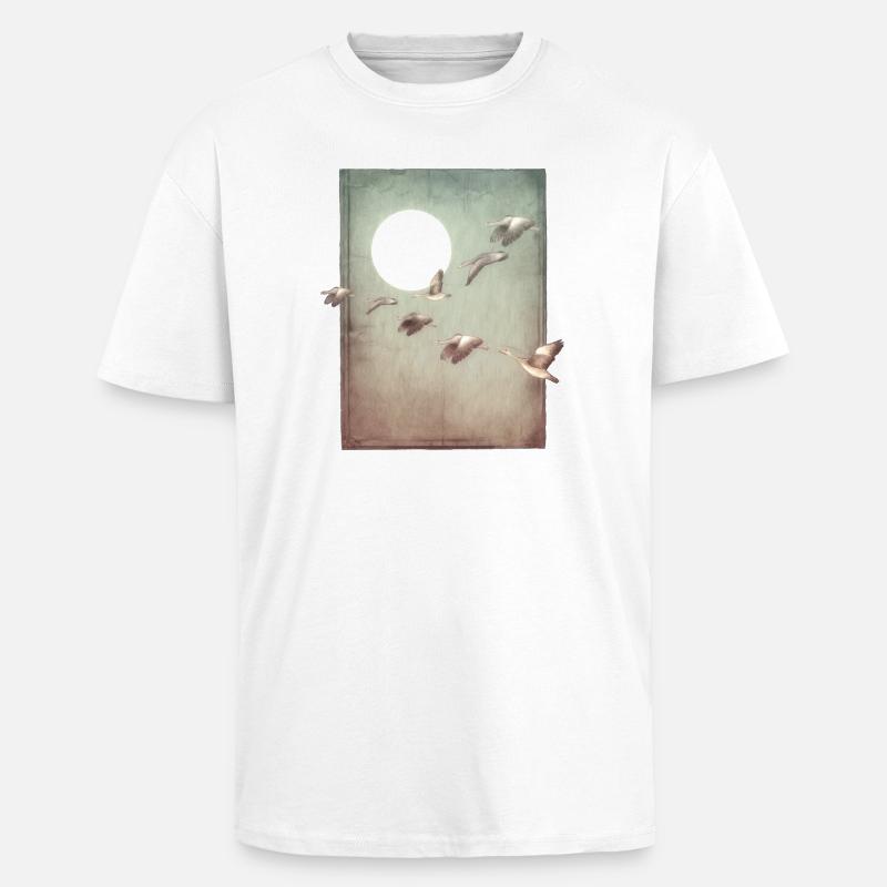 Wildgänse im Flug - handgeschnitzte Druckvorlage - Oversized Heavyweight Unisex T-Shirt - Weiß