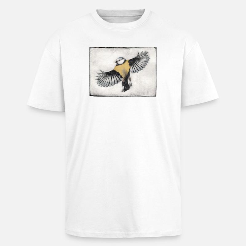 Vogel im Flug - handgeschnitzte Druckvorlage - Oversized Heavyweight Unisex T-Shirt - Weiß