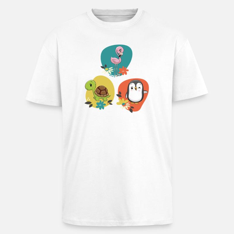Flamingo Turtle Penguin - Unisex Oversized Heavyweight T-shirt - white