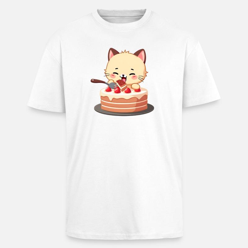 Le chat mange du gâteau - T-shirt unisexe oversize épais - blanc